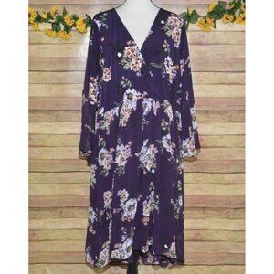 Torrid Purple Floral V-Neck Wrap Look Midi Dress Plus Size 4X Long Bell Sleeves